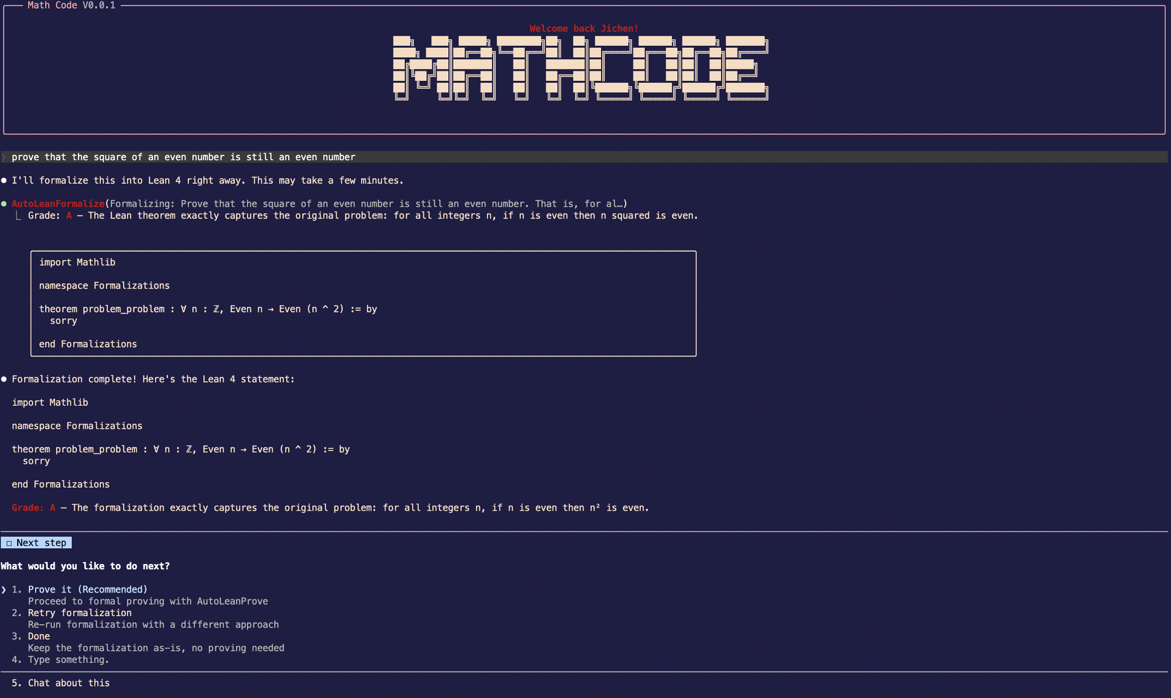 MathCode terminal interface demonstrating interactive Lean formalization